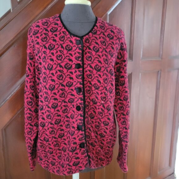 Talbots Floral Pattern Button-Up Cardigan Sweater Large Red & Black L - Picture 1 of 6